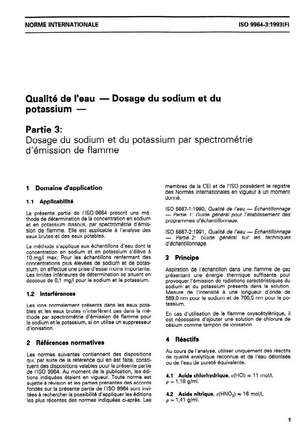 ISO 9964-3:1993 - Qualité de l'eau -- Dosage du sodium et du potassium