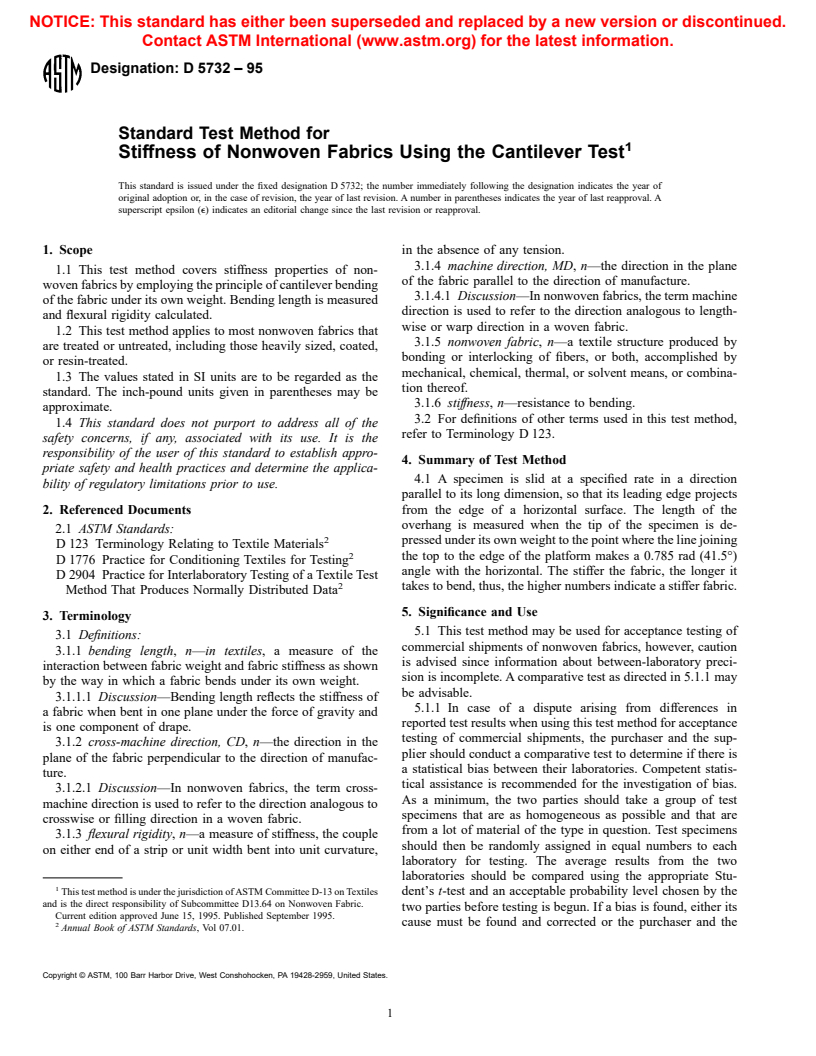 ASTM D5732-95 - Standard Test Method for Stiffness of Nonwoven Fabrics Using the Cantilever Test