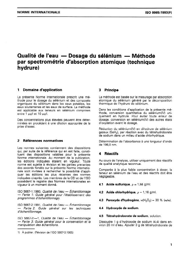 ISO 9965:1993 - Qualité de l'eau -- Dosage du sélénium -- Méthode par spectrométrie d'absorption atomique (technique hydrure)
