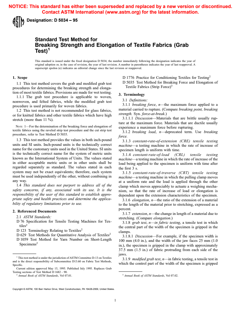 ASTM D5034-95 - Standard Test Method for Breaking Strength and Elongation of Textile Fabrics (Grab Test)