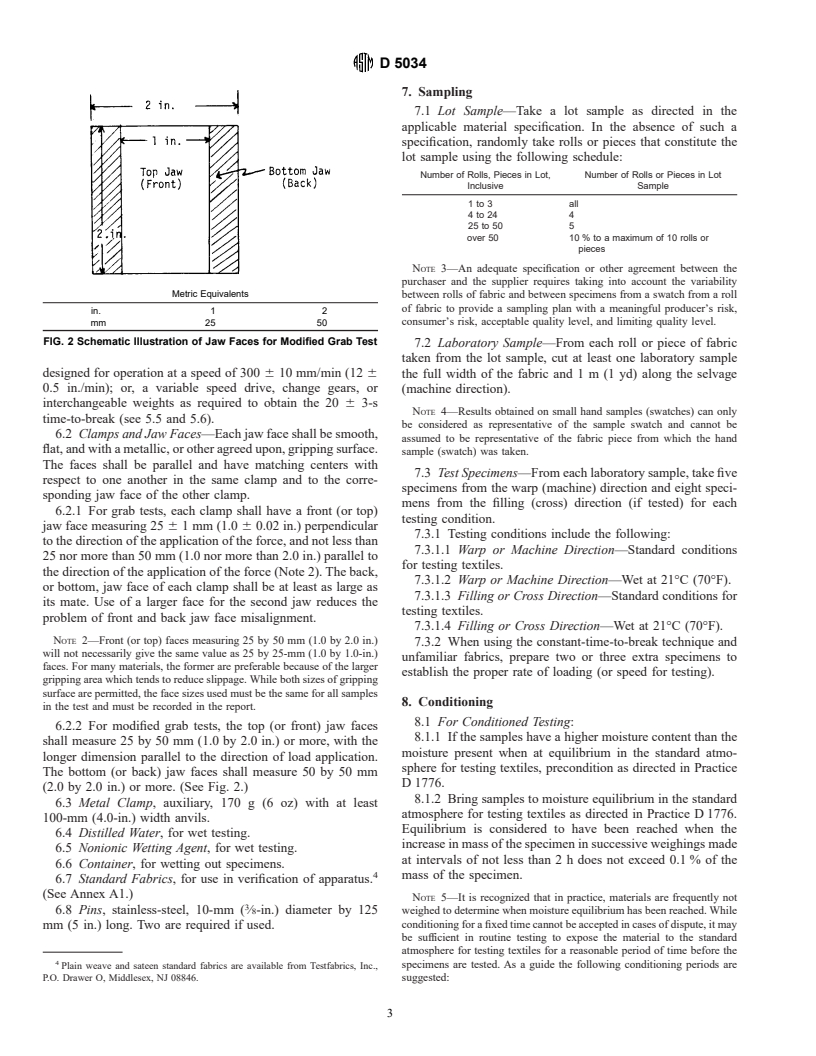 ASTM D5034-95 - Standard Test Method for Breaking Strength and Elongation of Textile Fabrics (Grab Test)