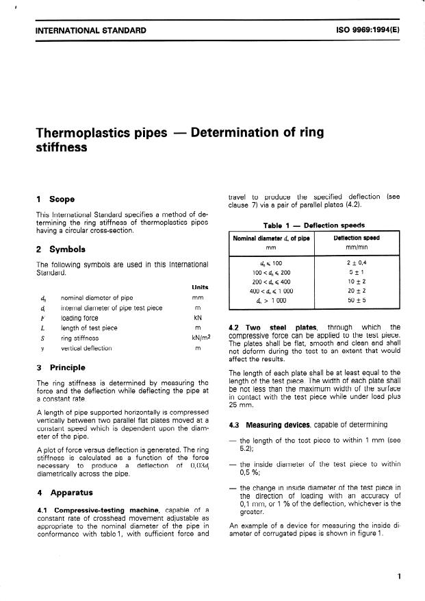 ISO 9969:1994 - Thermoplastics pipes -- Determination of ring stiffness