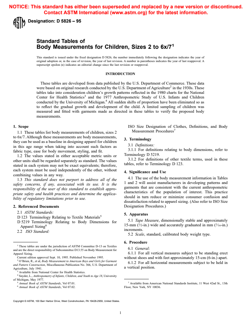 ASTM D5826-95 - Standard Tables of Body Measurements for Children, Sizes 2 to 6x/7