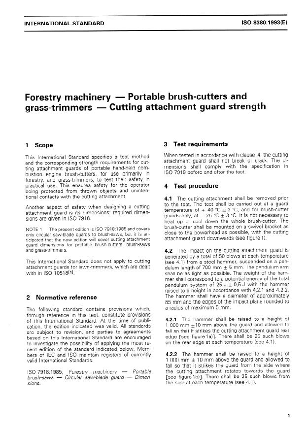 ISO 8380:1993 - Forestry machinery -- Portable brush-cutters and grass-trimmers -- Cutting attachment guard strength