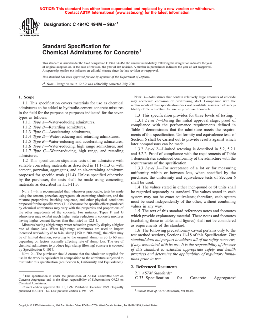 ASTM C494/C494M-99ae1 - Standard Specification for Chemical Admixtures for Concrete