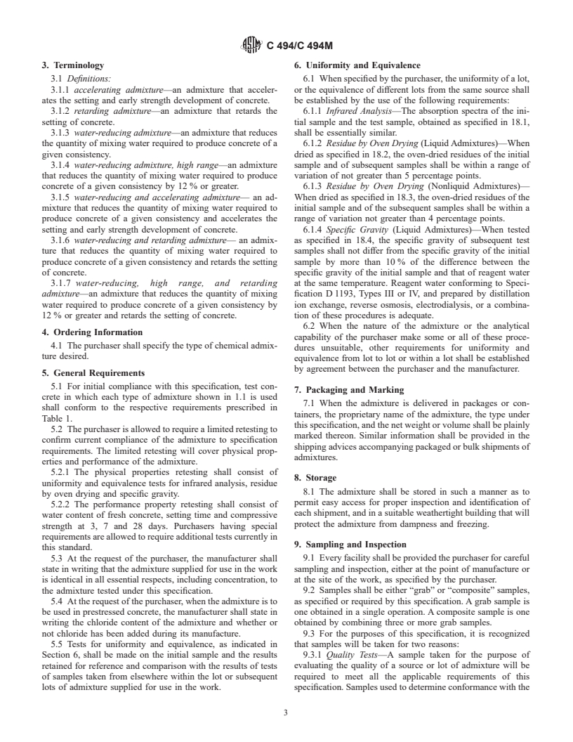 ASTM C494/C494M-99ae1 - Standard Specification for Chemical Admixtures for Concrete