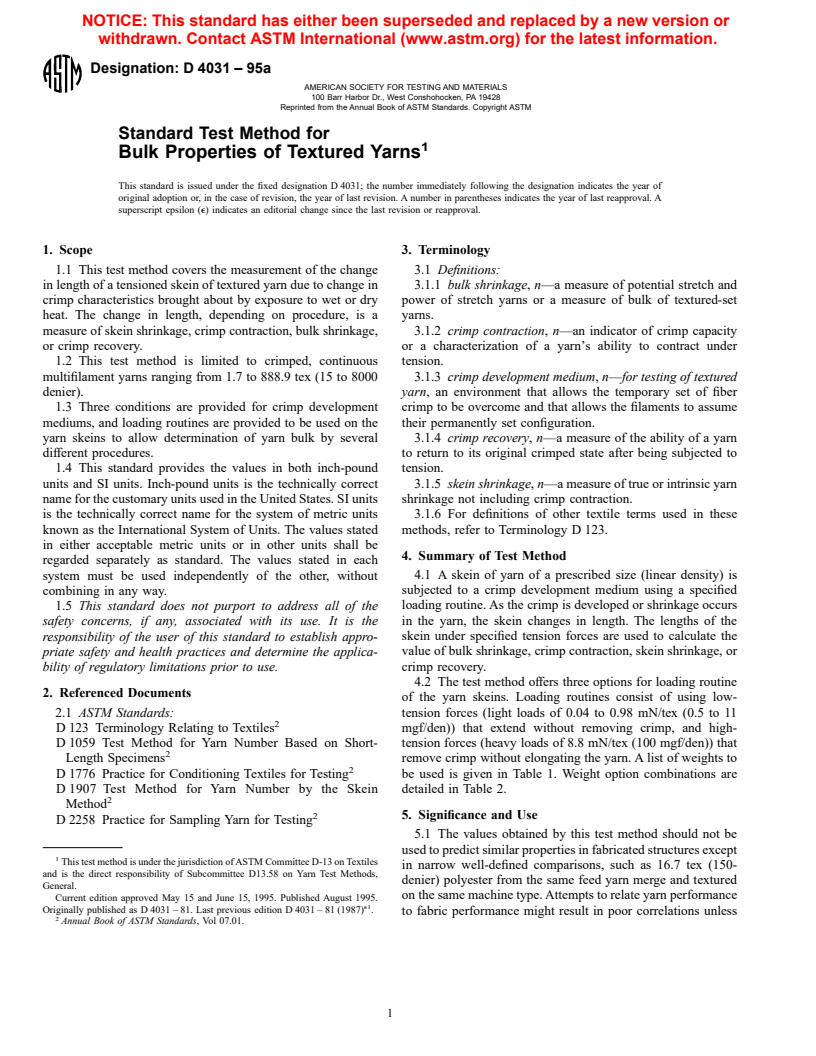 ASTM D4031-95a - Standard Test Method for Bulk Properties of Textured Yarns