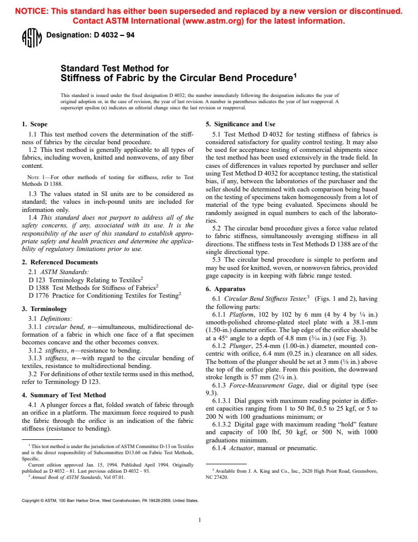 ASTM D4032-94 - Standard Test Method for Stiffness of Fabric by the Circular Bend Procedure