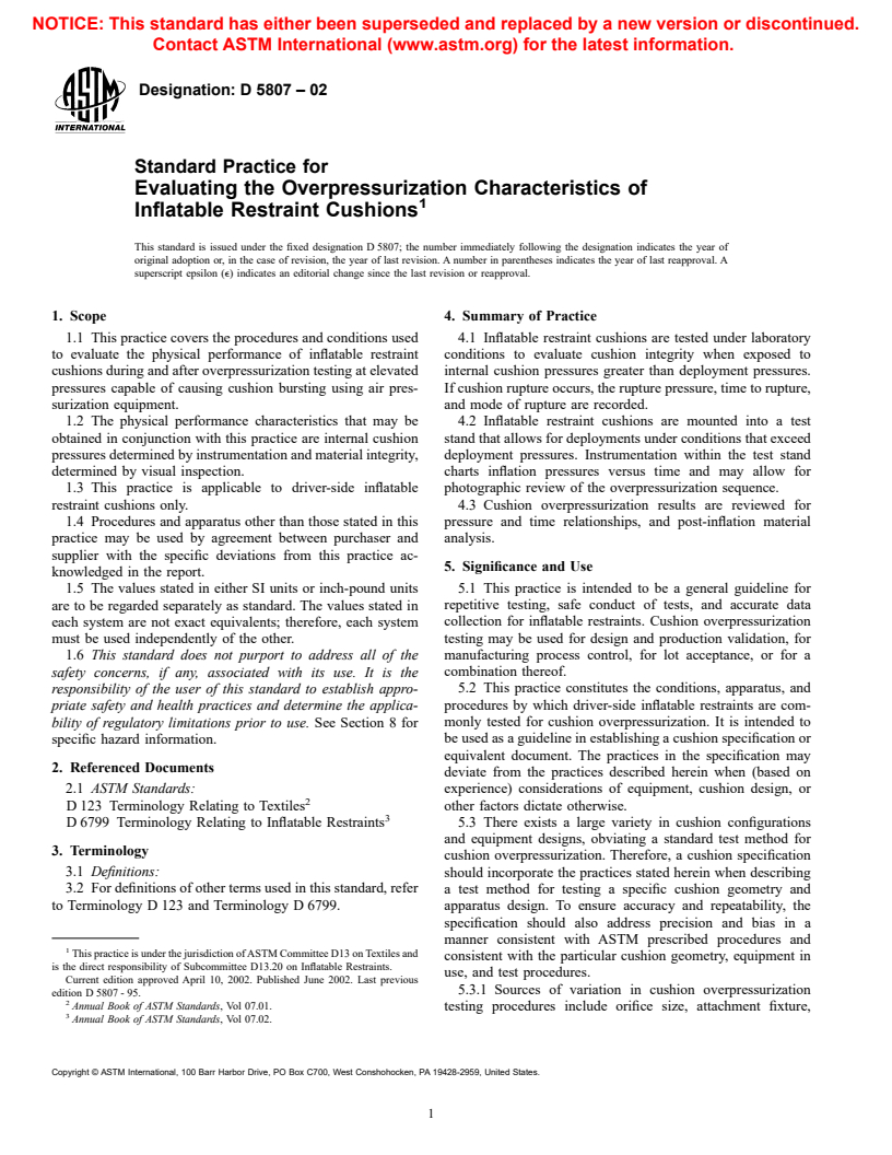 ASTM D5807-02 - Standard Practice for Evaluating the Overpressurization Characteristics of Inflatable Restraint Cushions