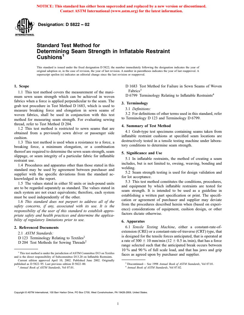 ASTM D5822-02 - Standard Test Method for Determining Seam Strength in Inflatable Restraint Cushions