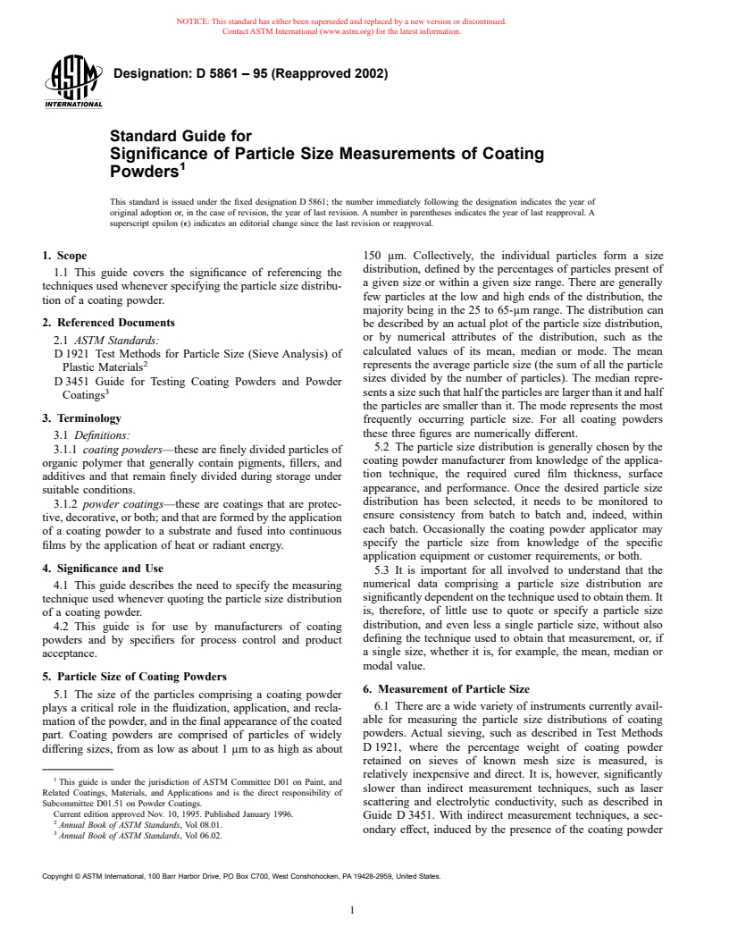 ASTM D5861-95(2002) - Standard Guide for Significance of Particle Size Measurements of Coating Powders