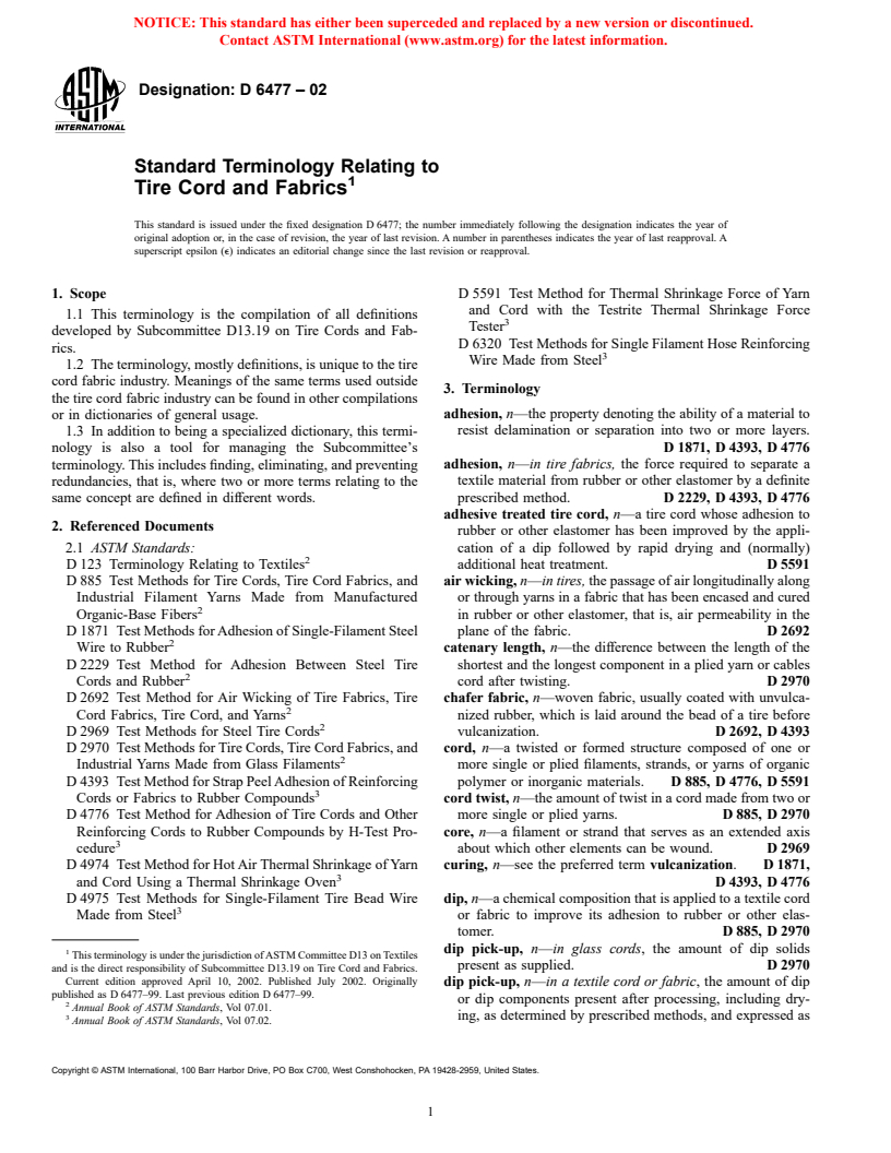 ASTM D6477-02 - Standard Terminology Relating to Tire Cord and Fabrics