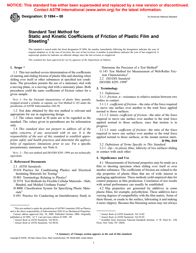 ASTM D1894-00 - Standard Test Method for Static and Kinetic Coefficients of Friction of Plastic Film and Sheeting