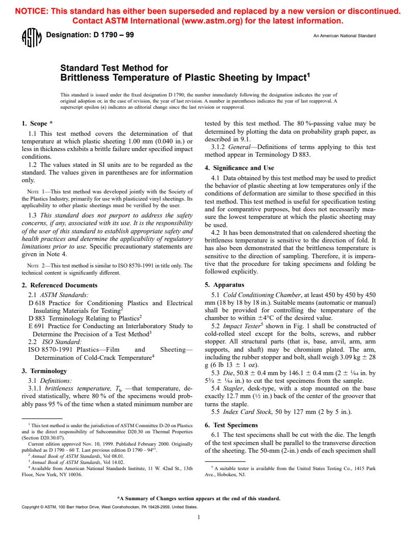 ASTM D1790-99 - Standard Test Method for Brittleness Temperature of Plastic Sheeting by Impact