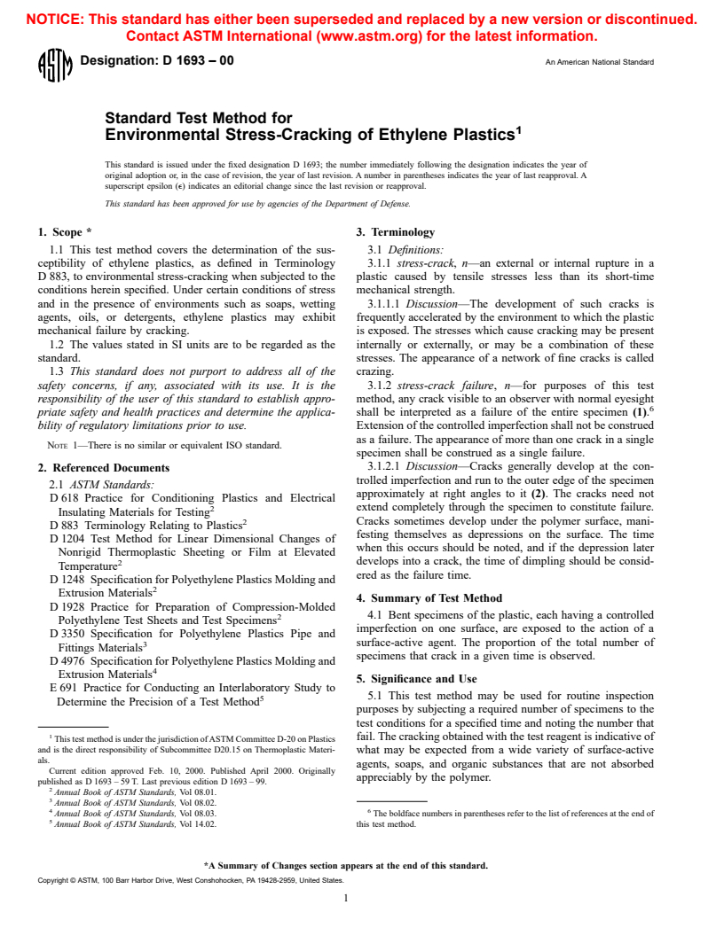 ASTM D1693-00 - Standard Test Method for Environmental Stress-Cracking of Ethylene Plastics