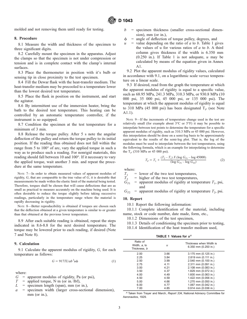 ASTM D1043-99 - Standard Test Method for Stiffness Properties of Plastics as a Function of Temperature by Means of a Torsion Test