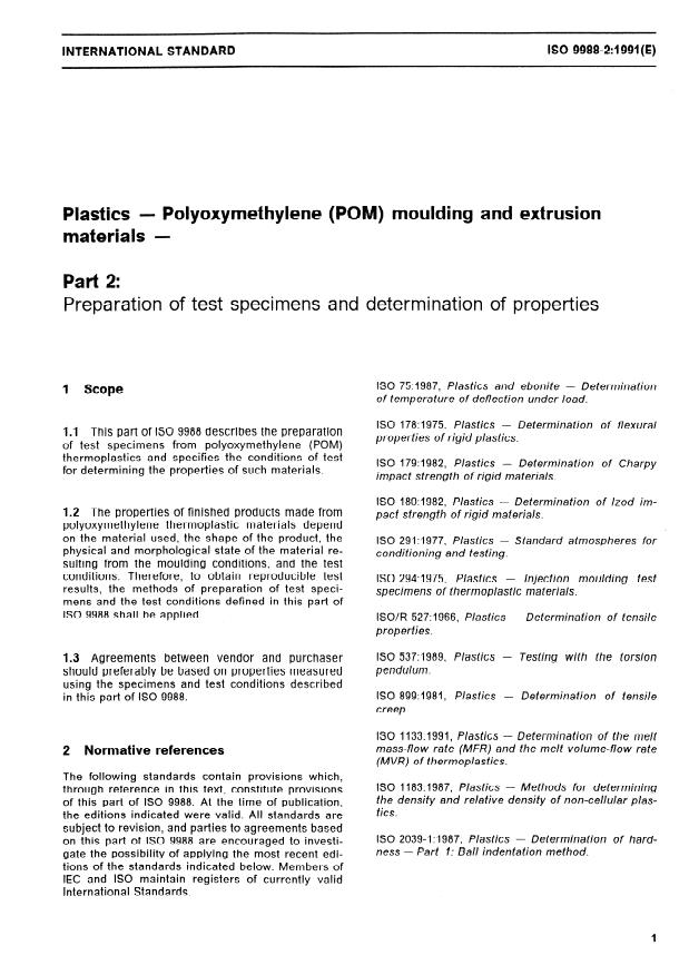 ISO 9988-2:1991 - Plastics -- Polyoxymethylene (POM) moulding and extrusion materials