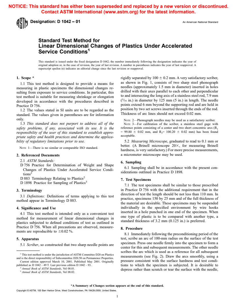 ASTM D1042-01 - Standard Test Method for Linear Dimensional Changes of Plastics Under Accelerated Service Conditions