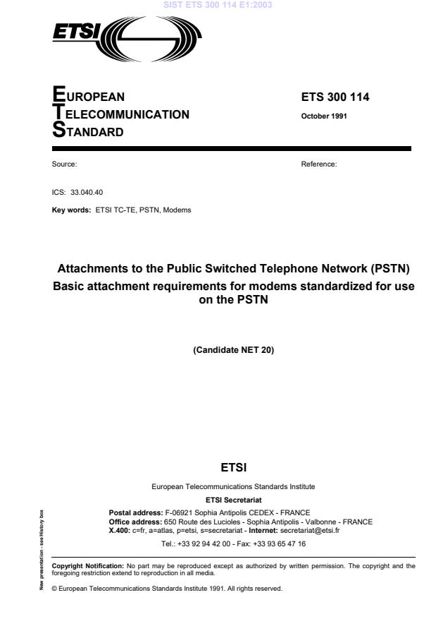 ETSI ETS 300 114 ed.1 (199110) Attachments to the Public Switched