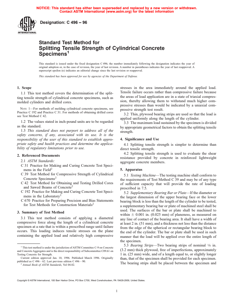 ASTM C496-96 - Standard Test Method for Splitting Tensile Strength of Cylindrical Concrete Specimens