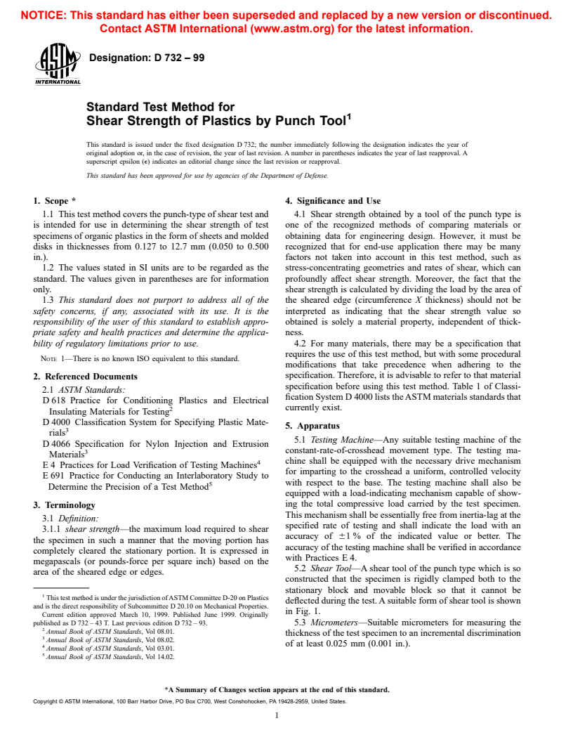 ASTM D732-99 - Standard Test Method for Shear Strength of Plastics by Punch Tool