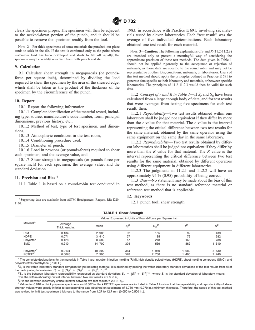 ASTM D732-99 - Standard Test Method for Shear Strength of Plastics by Punch Tool