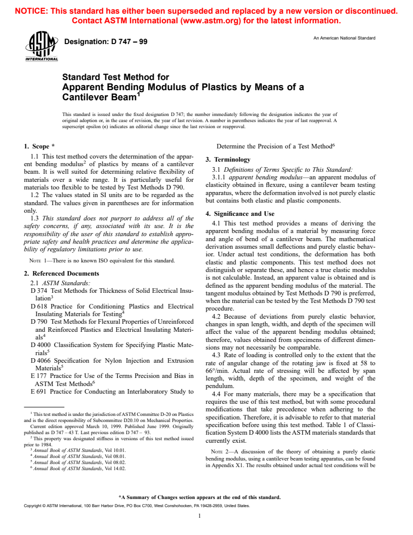 ASTM D747-99 - Standard Test Method for Apparent Bending Modulus of Plastics by Means of a Cantilever Beam