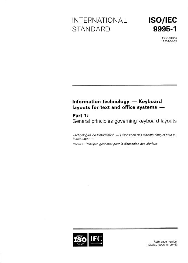 ISO/IEC 9995-1:1994 - Information technology -- Keyboard layouts for text and office systems