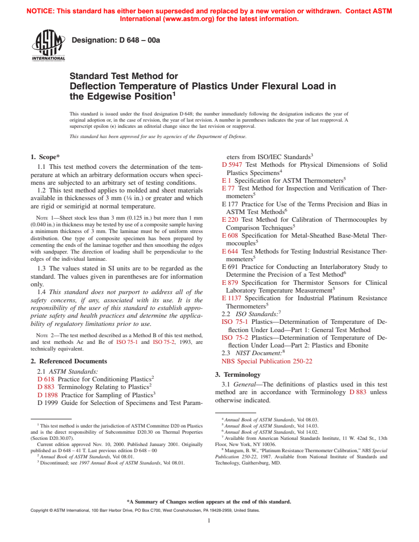 ASTM D648-00a - Standard Test Method for Deflection Temperature of Plastics Under Flexural Load in the Edgewise Position