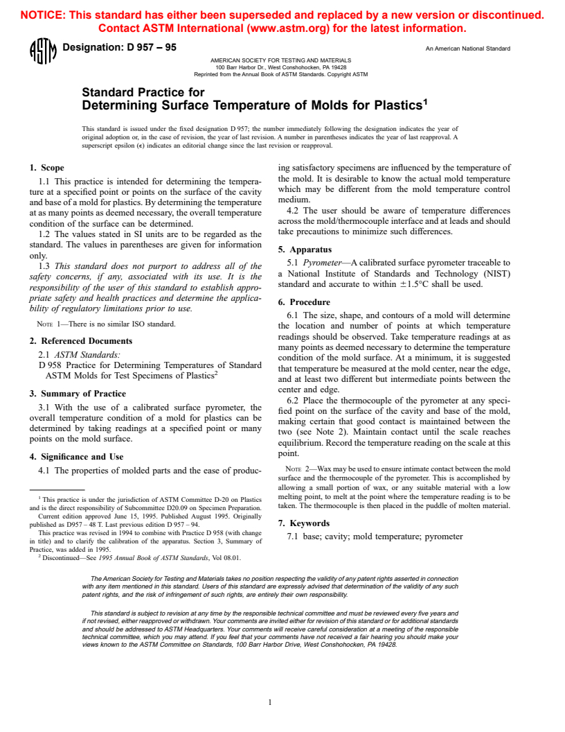 ASTM D957-95 - Standard Practice for Determining Surface Temperature of Molds for Plastics