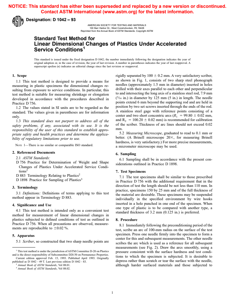 ASTM D1042-93 - Standard Test Method for Linear Dimensional Changes of Plastics Under Accelerated Service Conditions