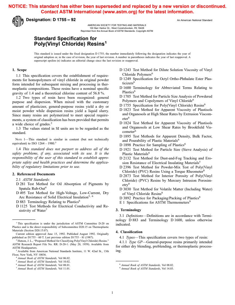 ASTM D1755-92 - Standard Specification for Poly(Vinyl Chloride) Resins