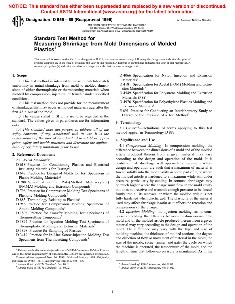 ASTM D955-89(1996) - Standard Test Method of Measuring Shrinkage from Mold Dimensions of Thermoplastics