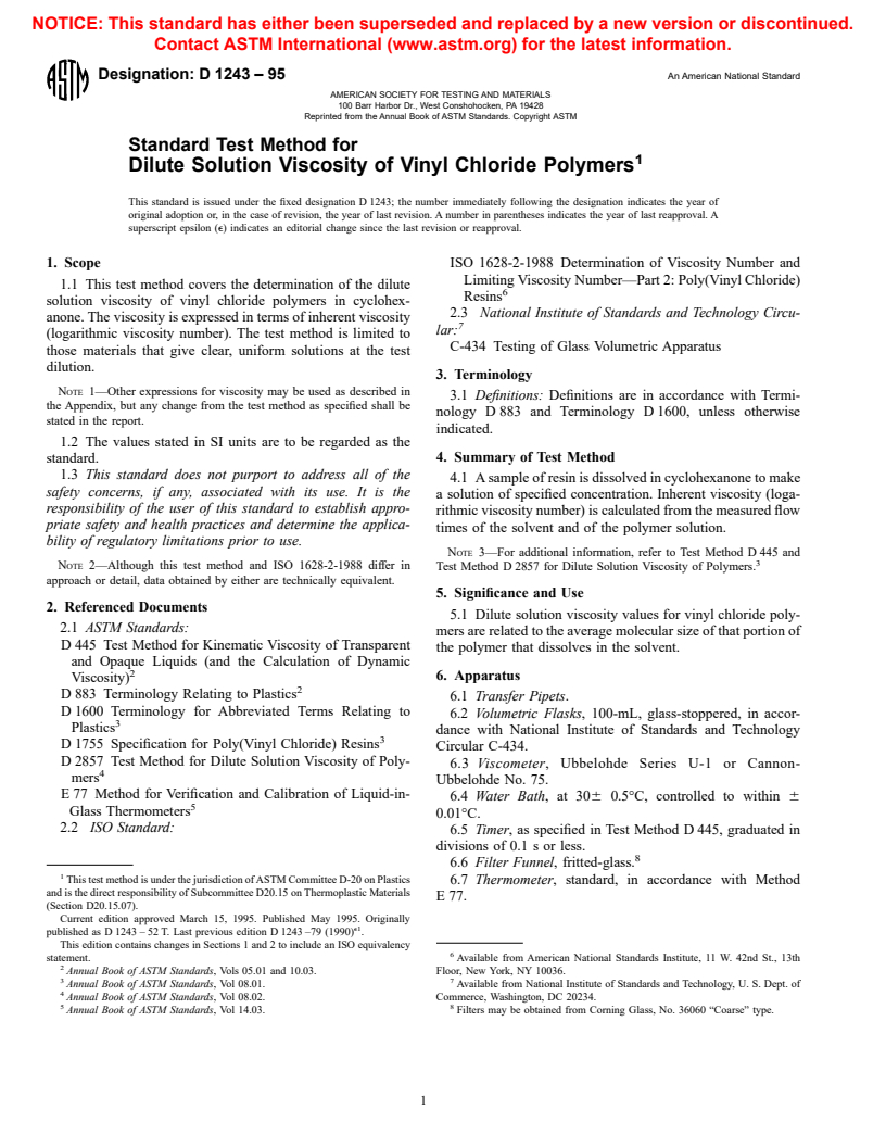 ASTM D1243-95 - Standard Test Method for Dilute Solution Viscosity of Vinyl Chloride Polymers