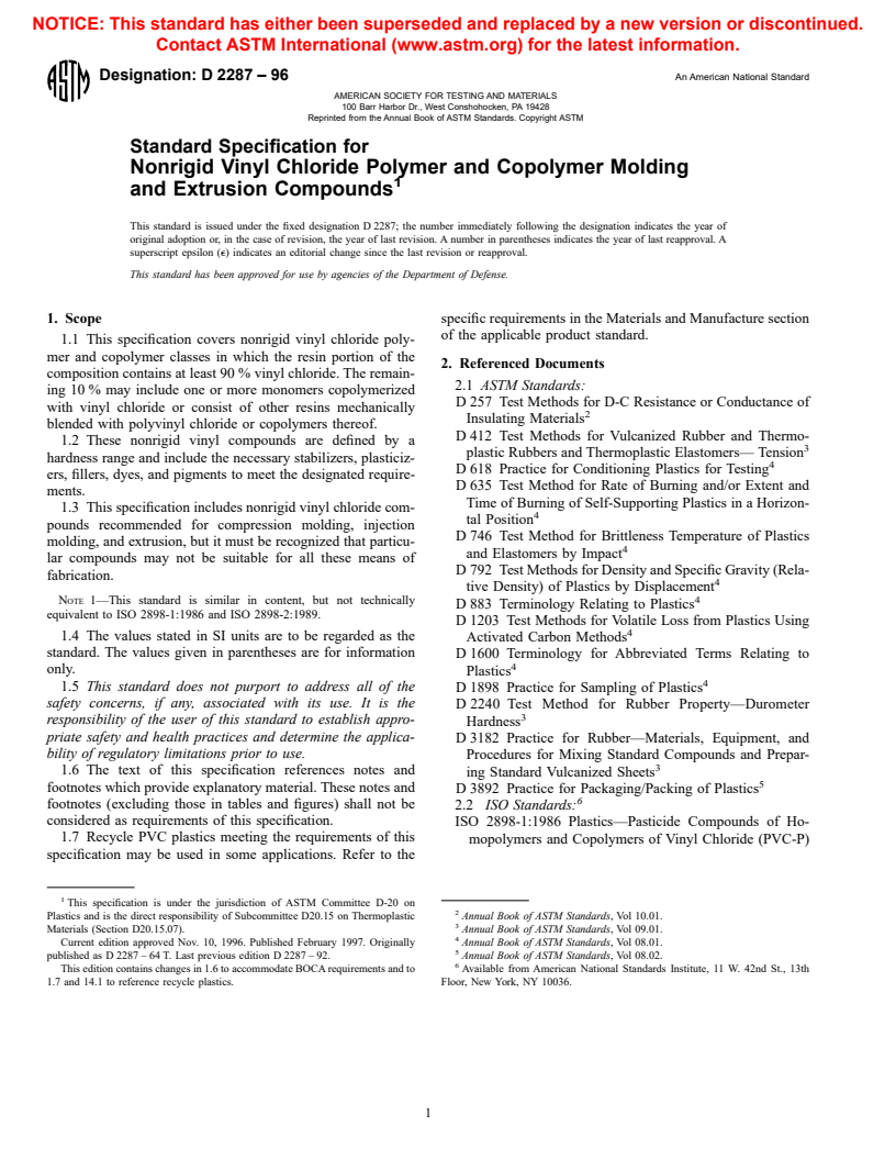 ASTM D2287-96 - Standard Specification for Nonrigid Vinyl Chloride Polymer and Copolymer Molding and Extrusion Compounds