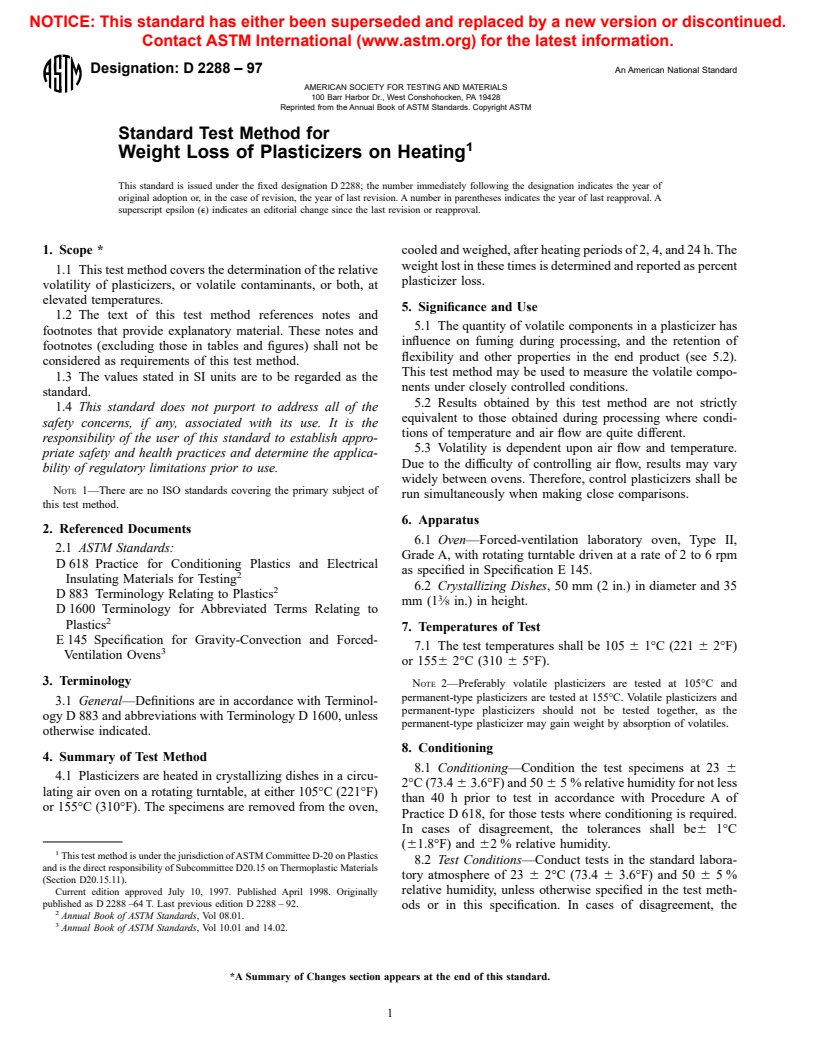 ASTM D2288-97 - Standard Test Method for Weight Loss of Plasticizers on Heating