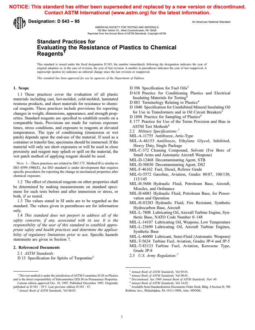 ASTM D543-95 - Standard Practices for Evaluating the Resistance of Plastics to Chemical Reagents