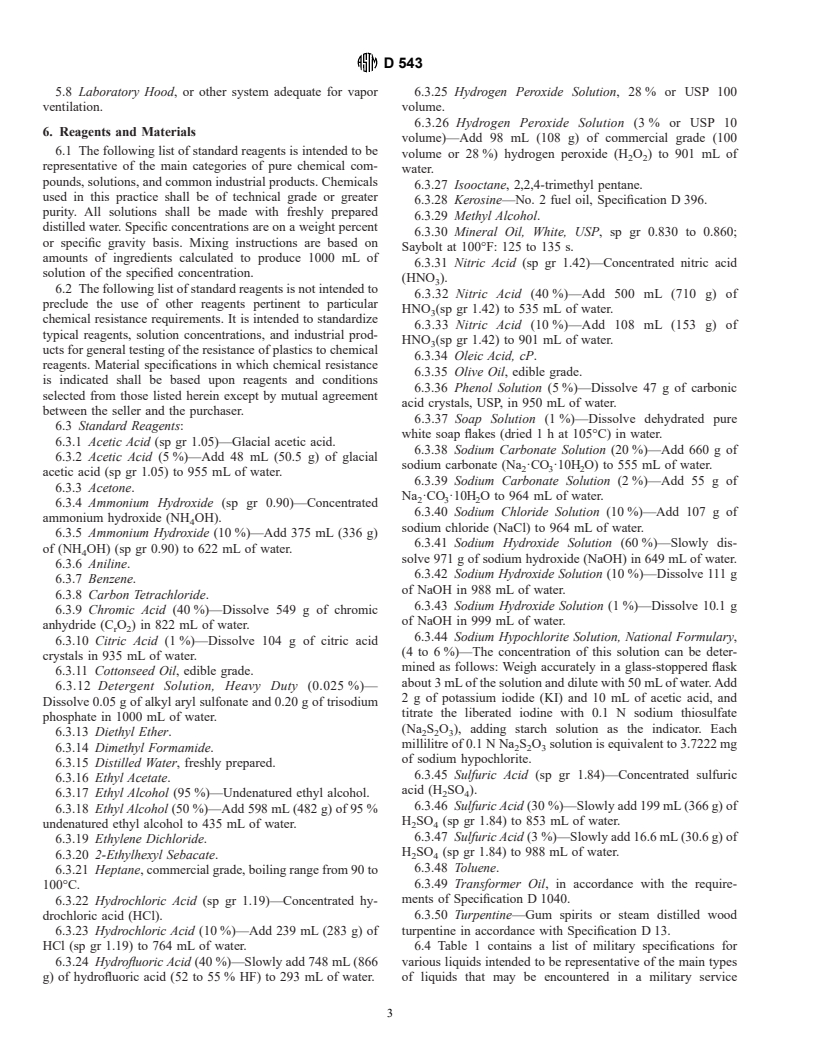 ASTM D543-95 - Standard Practices for Evaluating the Resistance of Plastics to Chemical Reagents