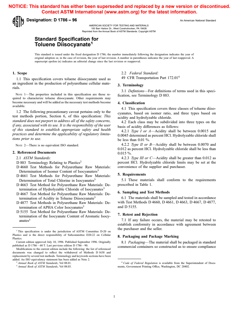 ASTM D1786-96 - Standard Specification for Toluene Diisocyanate