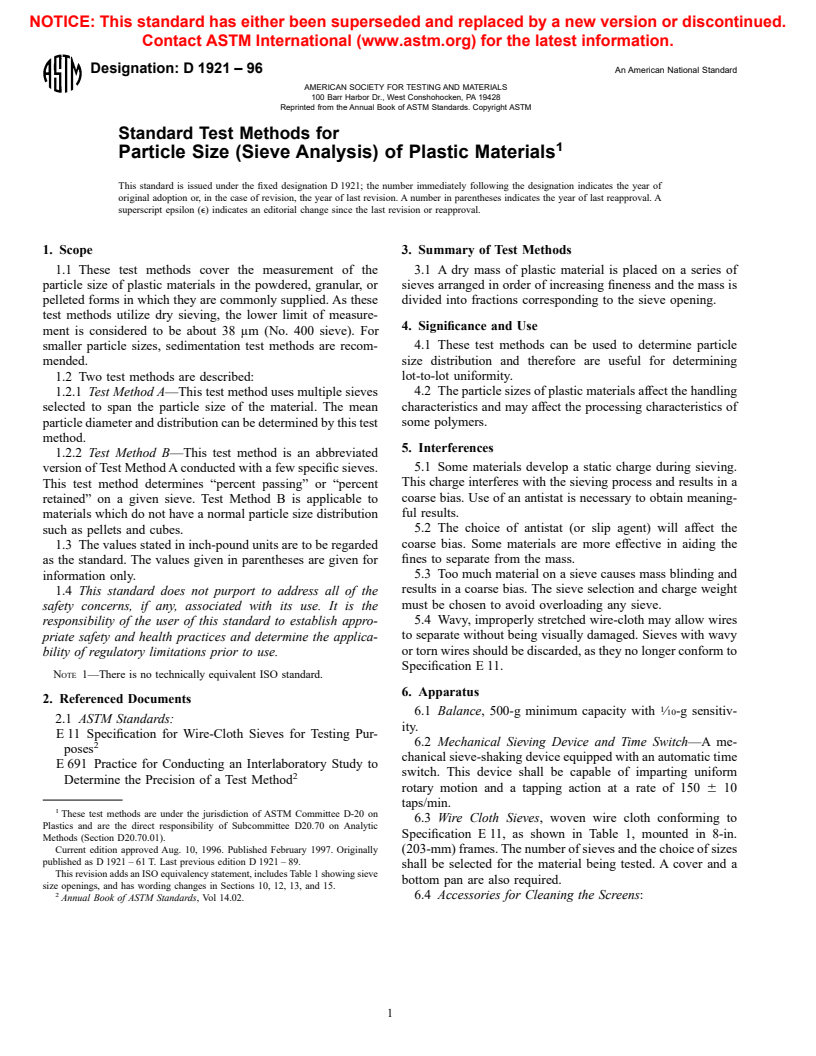 ASTM D1921-96 - Standard Test Methods for Particle Size (Sieve Analysis) of Plastic Materials