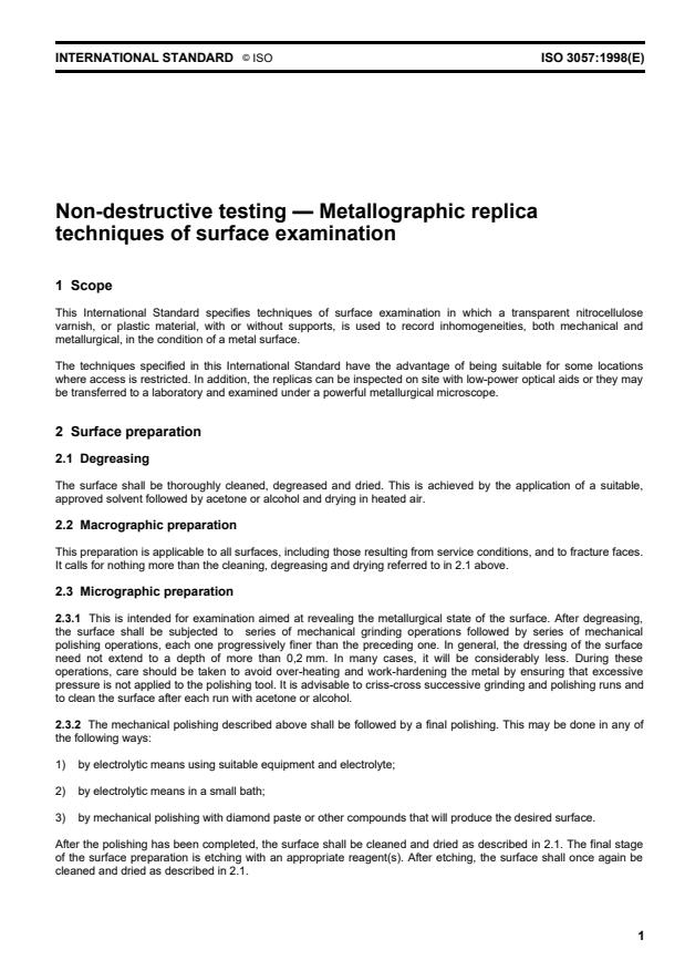 ISO 3057:1998 - Non-destructive testing -- Metallographic replica techniques of surface examination