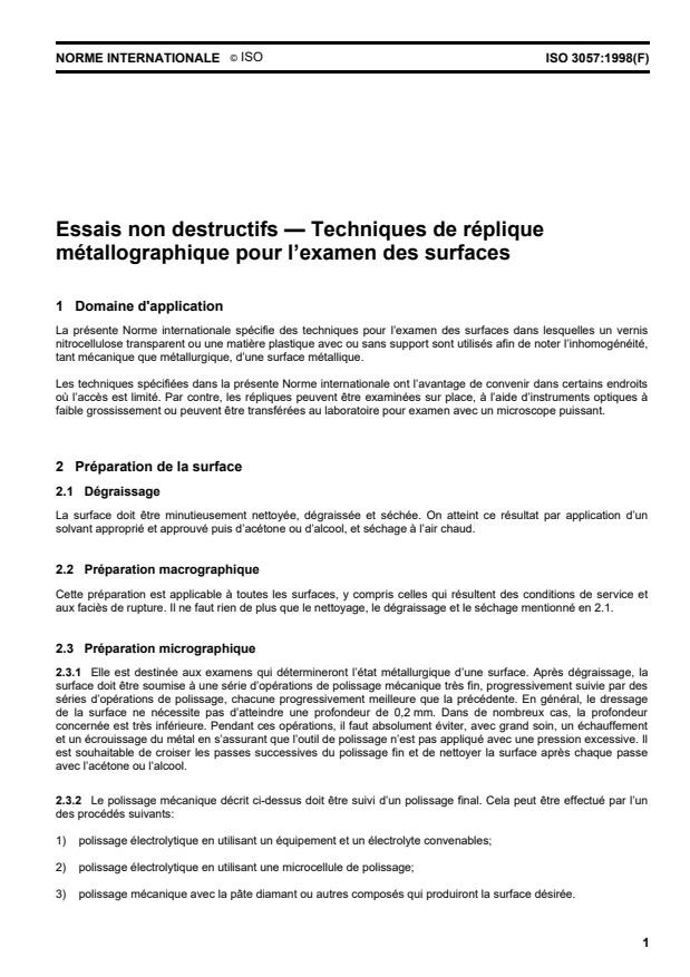 ISO 3057:1998 - Essais non destructifs -- Techniques de réplique métallographique pour l'examen des surfaces