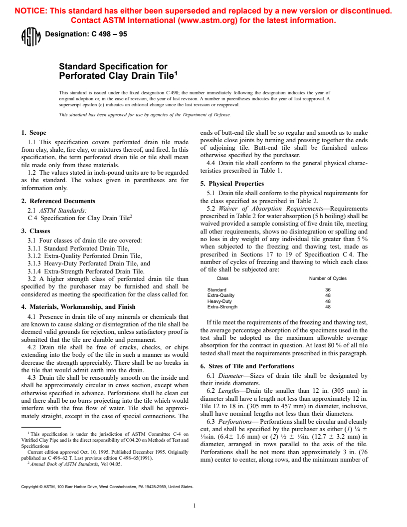 ASTM C498-95 - Standard Specification for Perforated Clay Drain Tile (Withdrawn 2001)