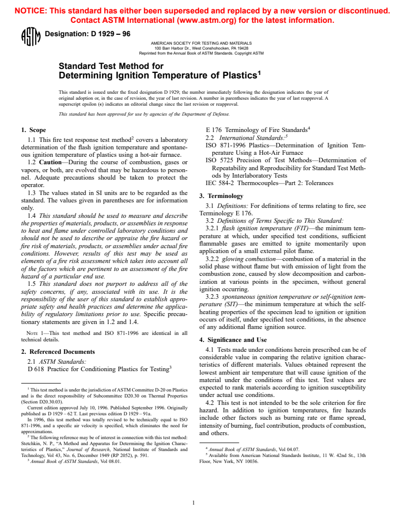 ASTM D1929-96 - Standard Test Method for Determining Ignition Temperature of Plastics