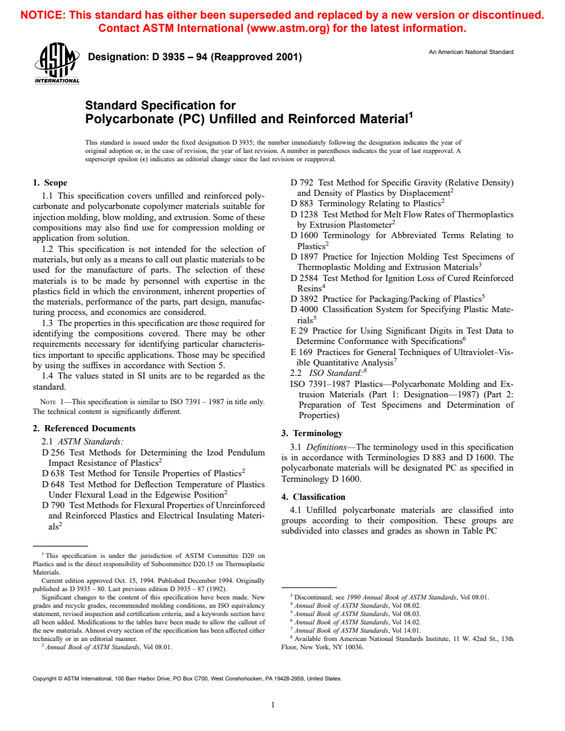 ASTM D3935-94(2001) - Standard Specification for Polycarbonate (PC) Unfilled and Reinforced Material