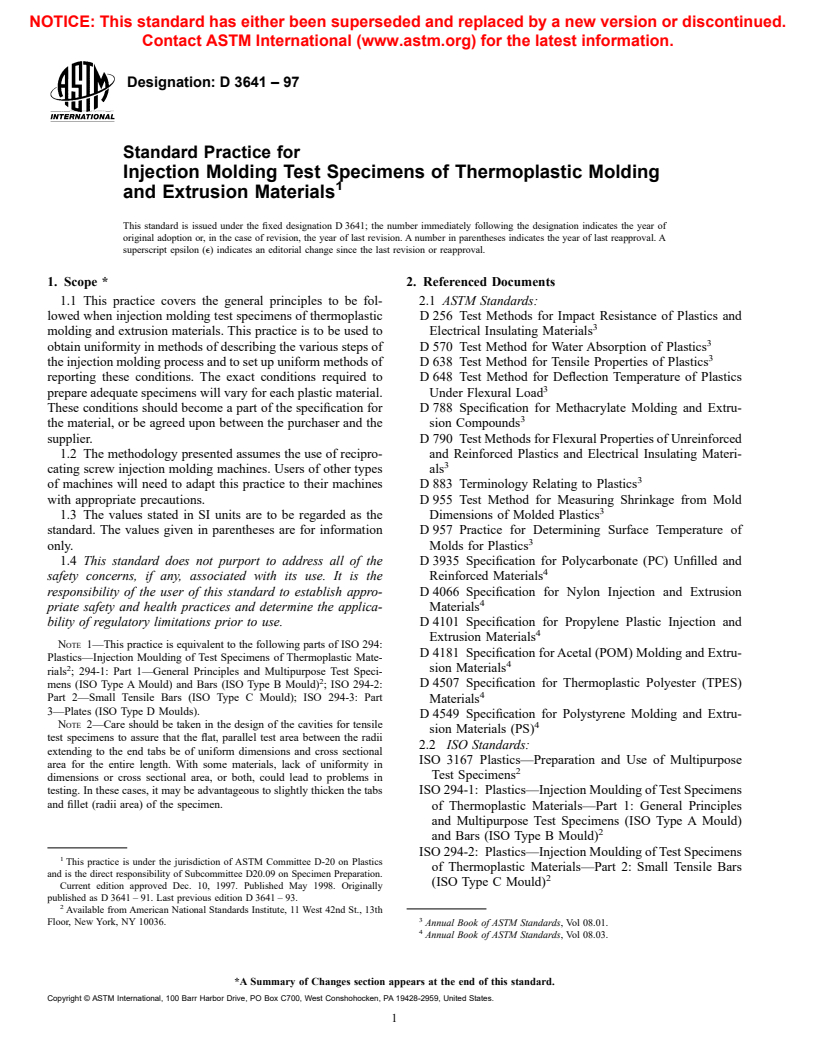 ASTM D3641-97 - Standard Practice for Injection Molding Test Specimens of Thermoplastic Molding and Extrusion Materials