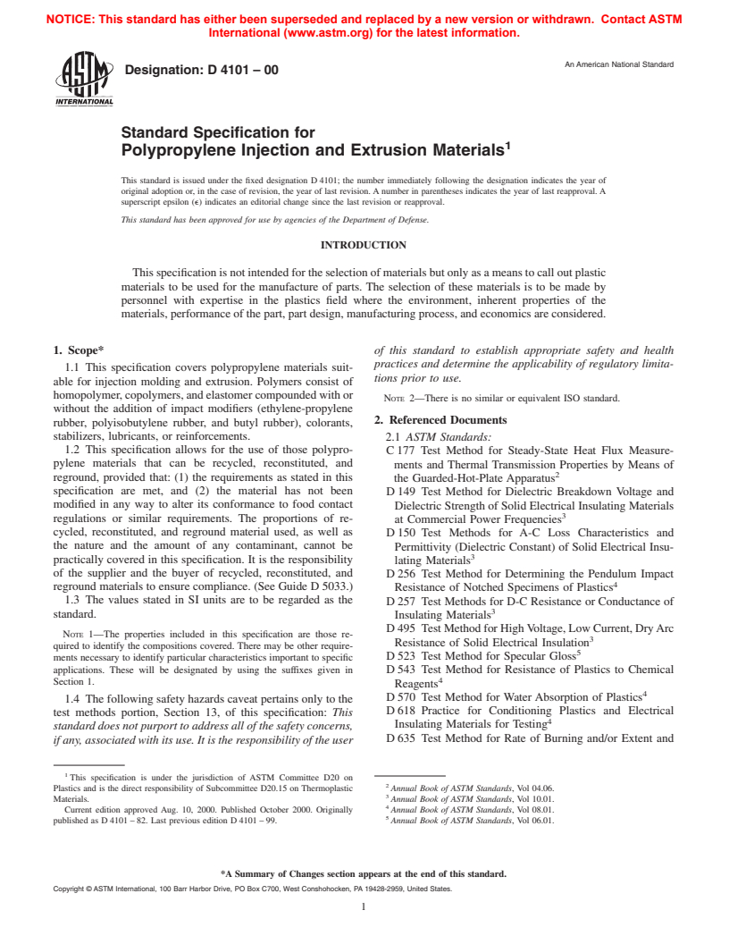 ASTM D4101-00 - Standard Specification for Polypropylene Injection and Extrusion Materials