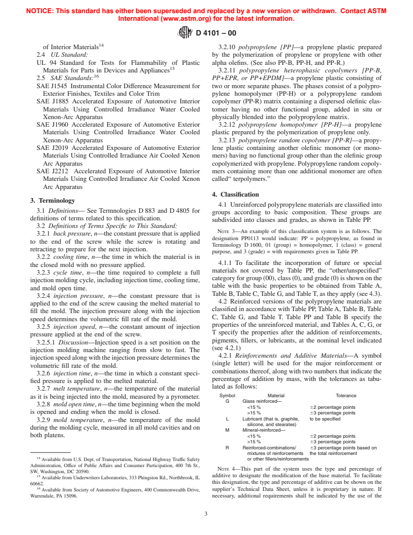 ASTM D4101-00 - Standard Specification for Polypropylene Injection and Extrusion Materials