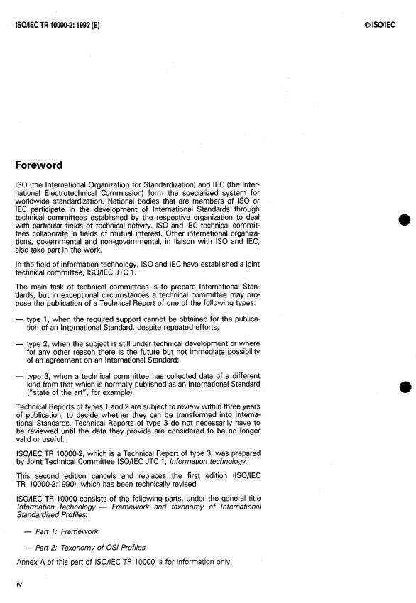 ISO/IEC TR 10000-2:1992 ISO/IEC TR 10000-2:1992 - Information technology -- Framework and taxonomy of International Standardized Profiles - Page 4 preview