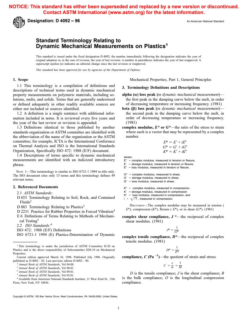 ASTM D4092-96 - Standard Terminology:  Plastics:  Dynamic Mechanical Properties